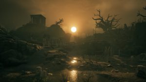 paisagem nebulosa e sombria, com árvores mortas - simulacro do mundo inferior em Assassin's Creed Odyssey